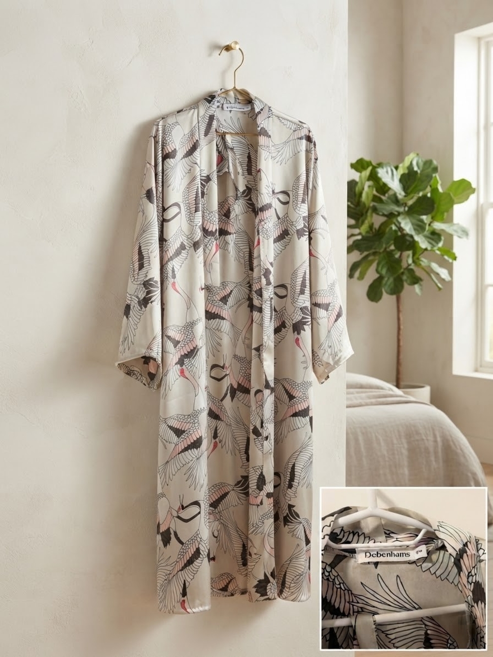 Women's Crane Print Long Satin Robe - Cream/Pink With Belt